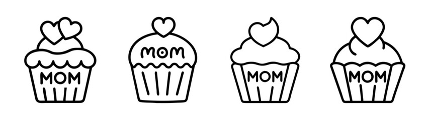 A collection of mom-themed cupcake icons with hearts for mother's day celebration