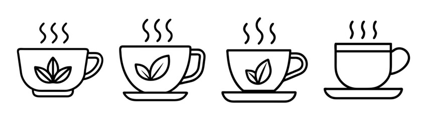A collection of hot tea cup icons in a black and white outline style