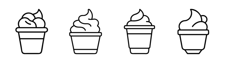 Four minimalist line icons depicting soft serve ice cream or frozen yogurt in cups