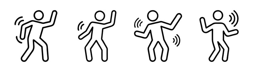 A collection of four minimalist stick figure icons depicting energetic dancing and celebration