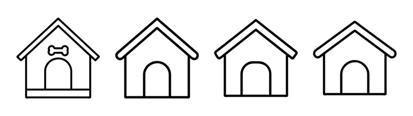 Black and white line art icons featuring a set of four simple dog house designs on a white background
