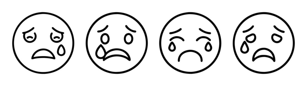 A collection of four simple line art icons representing sadness and crying emotion