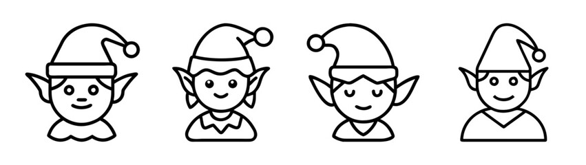 A collection of four minimalist black outline icons depicting christmas elves with pointy hats