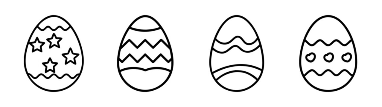 A collection of four black and white line art icons depicting decorative easter eggs with different patterns.