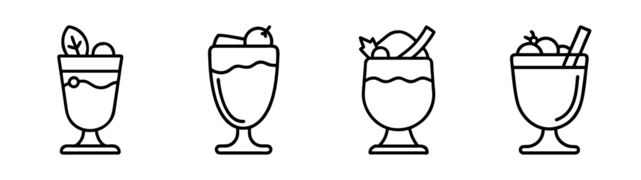 A collection of line art icons featuring various sweet treats and parfaits in glasses