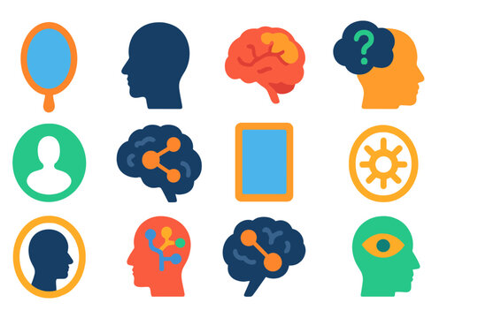 Self-Reflection Icons. Flat vector icons of self-representation in the brain: mirror, silhouette, brain with highlighted