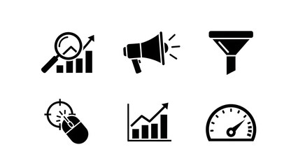 Fototapeta premium Marketing and advertising icons are displayed against a clean background, conveying concepts like analysis, promotion, and optimization. They symbolize the different elements in a campaign strategy