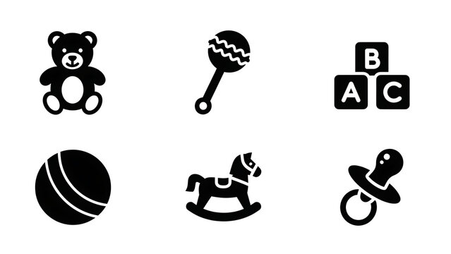 Collection of black silhouette toys. There are a teddy bear, a rattle, blocks, a ball, a rocking horse and a pacifier