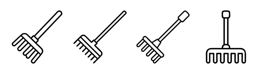 Simple line art illustration of a garden rake icon set for gardening and yard work.