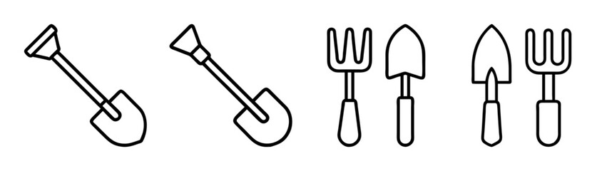 Simple line art set of gardening tools icons including shovel, trowel, and fork