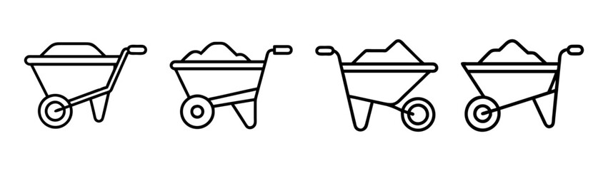 Four black and white line icons representing wheelbarrows filled with material for construction or gardening