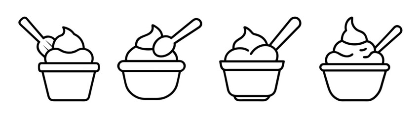 Simple line icons illustrating delicious frozen dessert in cups with spoons on white background