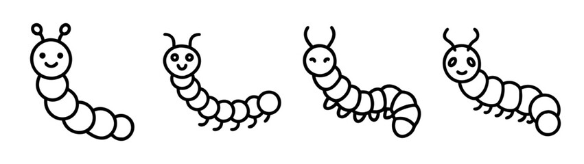 A set of four cute smiling caterpillar characters in simple outline drawing style