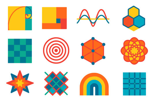 Mathematical Patterns Icons. Flat vector icons of Mathematical Patterns: golden ratio spiral, Fibonacci sequence, wave