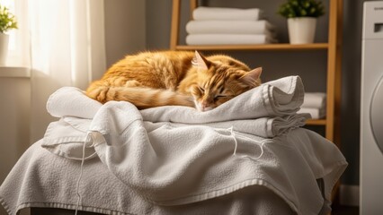 Ginger cat sleeping peacefully on freshly washed towels in sunlit laundry room