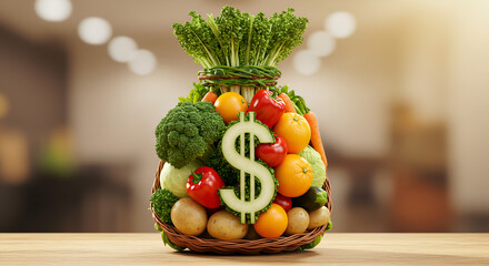 Healthy Food Inflation Concept Fresh Vegetables Basket with Dollar Sign Symbol.