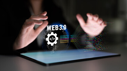 The concept of Web 3.0 development and decentralized data processing. The flow of binary code and information in the next generation internet. Motif