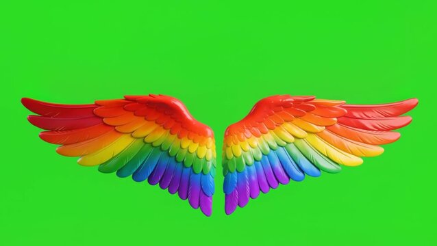 Rainbow-colored wings flapping in a seamless animation. Symbol of LGBTQ pride and freedom on a green screen background for chroma keying. Seamless loop