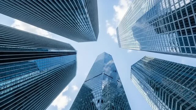 City Skyscrapers Rise, Architectural Marvels, Urban Landscape, Aerial Perspective, Modern Environment, High-Definition Video