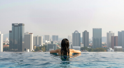 a woman in a swimming pool with a city skyline in the background. The woman is in the center of the image, with her back towards the camera, and her arms stretched out to the sides.