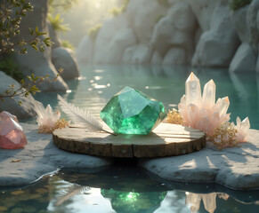 Green Gemstone and Crystals on Wooden Podium in Serene Nature Water Setting - AI generated