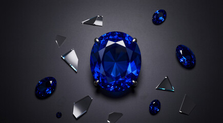 a close-up of a large, round, blue gemstone in the center of a dark grey background. The gemstone is the focal point of the image, with its deep blue color