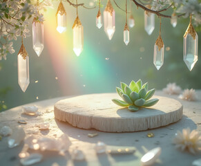 Wooden Podium with Succulent under Hanging Magic Crystals and Rainbow Light - AI generated
