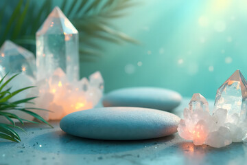 Stone Podium with Glowing Quartz Crystals and Palm Leaves for Product Display - AI generated