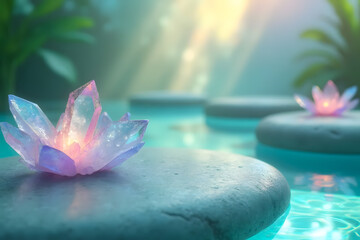 Glowing Crystal Lotus on Zen Stones in Calm Water for Meditation and Healing - AI generated