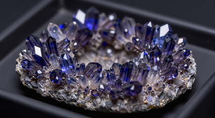 a close-up of a ring on a black square plate. The ring is made up of multiple faceted stones, including blue sapphires and diamonds. The stones are arranged in a circular