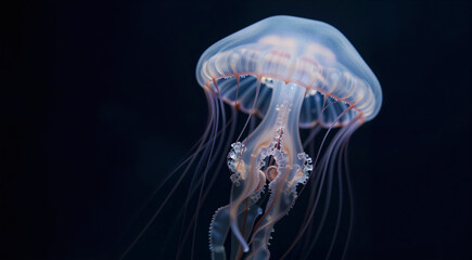 a close-up of a jellyfish floating in the dark. The jellyfish is in the center of the image, with its body facing towards the right side of the frame. Its tentacles are long