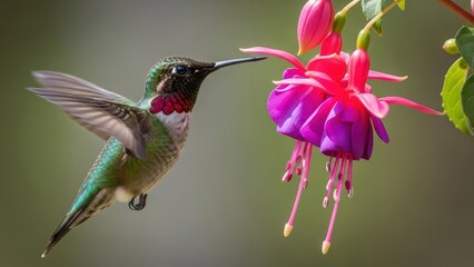 Naklejka premium Hummingbird feeding on vibrant pink and purple fuchsia flower in flight