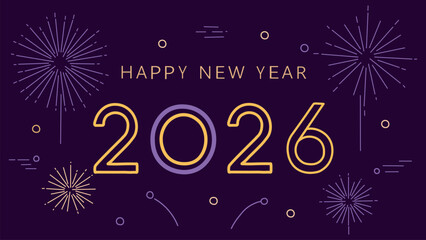 Modern Happy New Year 2026 greeting card design with festive fireworks and elegant typography on a dark purple background celebrating the upcoming holiday season