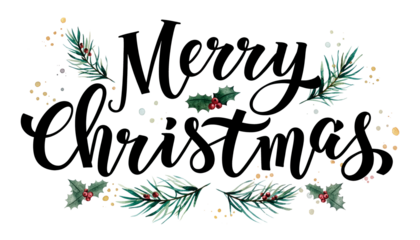 Merry Christmas calligraphy text with watercolor holly, pine branches, and gold splatters. Festive holiday greeting design element isolated on a transparent background for easy and versatile use.