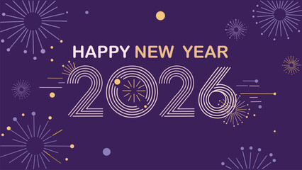 Vibrant Happy New Year 2026 greeting card design featuring festive fireworks and stylized numbers on a cheerful purple background for celebration