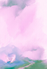 Impressionistic Seascape of 3 Sailboats Near the Shoreline Under Puffy Billowing Clouds in Sky Above - Digital Design, Art, Painting, Illustration, Artwork-In Lavender, Pink, & Purple