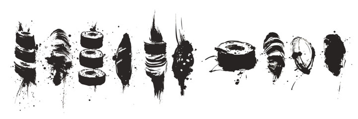 Hand painted oriental asian sushi icons set in traditional black ink brush stroke drawing style