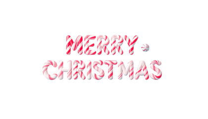 Fototapeta premium Merry Christmas text design with a sweet candy cane texture. 3D rendered festive typography with red and white stripes. Holiday greeting element isolated on a transparent background for easy use.