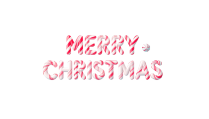 Merry Christmas text design with a sweet candy cane texture. 3D rendered festive typography with red and white stripes. Holiday greeting element isolated on a transparent background for easy use.