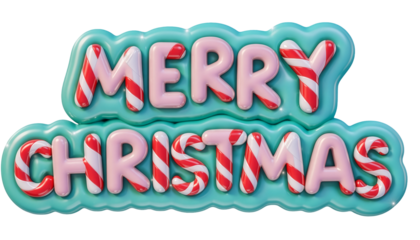 Merry Christmas 3D text effect with candy cane and glossy pink balloon letters. Festive holiday typography for greeting cards and decorations, isolated on a transparent background.