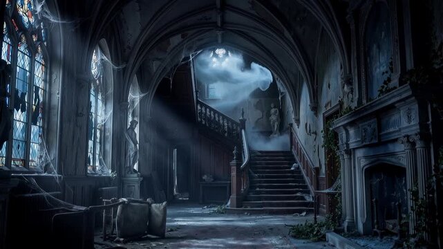 Translucent female ghost materializes within crumbling gothic mansion. Sunlight illuminates dust motes in decaying historic hall.