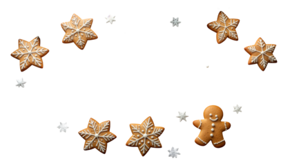Festive circular frame made of delicious Christmas gingerbread cookies, including a gingerbread man and snowflakes, decorated with royal icing. Holiday season concept on a transparent background.