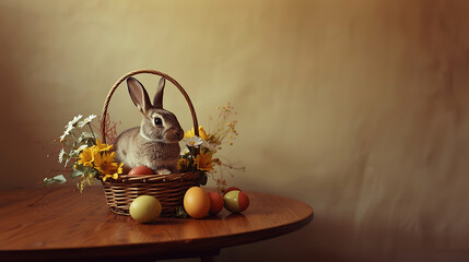 Vintage Easter basket with a cute bunny, colorful eggs, and spring flowers on a wooden table