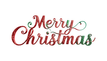 Fototapeta premium Elegant Merry Christmas calligraphy text with a sparkling red and green glitter effect. Festive holiday typography asset isolated on a transparent background for easy design integration.