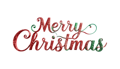 Elegant Merry Christmas calligraphy text with a sparkling red and green glitter effect. Festive holiday typography asset isolated on a transparent background for easy design integration.