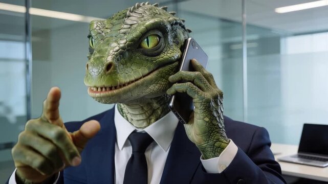 Reptilian businessman discussing work on smartphone in contemporary office environment. Lockdown shot.