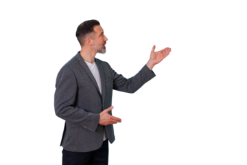 Mature businessman with beard presenting and gesturing, explaining ideas, concepts, and marketing strategies, transparent background