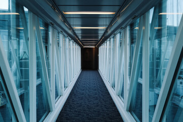 Airport jet bridge corridor interior. Long glass walkway perspective. Empty passenger boarding...