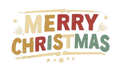 Merry Christmas lettering in a vintage, rustic style with grunge texture. Festive holiday typography with stars and banners, isolated on a transparent background for easy use in designs.