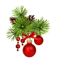Red Christmas balls , pine cones and green coniferous twigs in a holiday composition isolated on white or transparent background